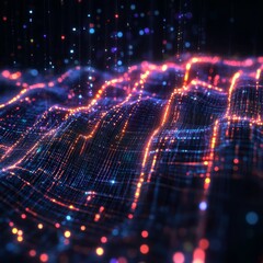 Fototapeta premium Vibrant digital waves adorned with bright particles create an immersive abstract background. Perfect for technology, data visualization, and artistic projects.