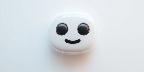 Fototapeta premium This image features a pair of cute wireless earbuds with a smiling face on a soft white background, perfect for promoting technology and entertainment.