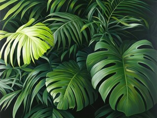Lush green tropical leaves create a vibrant and calming atmosphere, showcasing a variety of textures and shades of green.