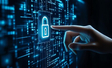 Cybersecurity Concept with Digital Padlock Hologram, Futuristic Interface, Glowing Blue Technology, Data Protection, and Network Security Symbols on Dark Background