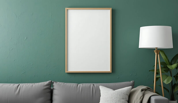 Modern living room interior with a blank vertical frame on a teal wall, above a grey sofa. Perfect for showcasing artwork, posters, or design mockups. Clean, minimalist aesthetic.
