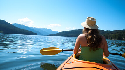 Obraz premium Rear view of woman kayaking on lake on sunny day