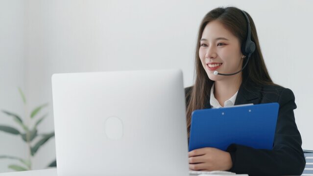 Cheerful Asian Customer Service Representative Assisting Clients Online with Enthusiasm