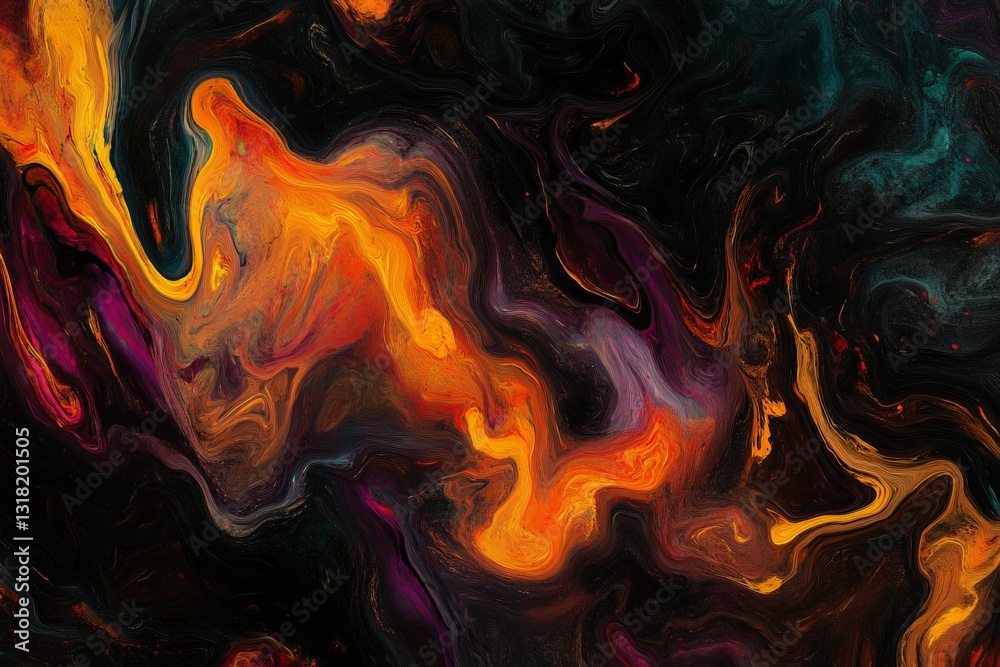 Poster a mesmerizing display of vibrant orange swirls flowing through deep black, creating dynamic patterns