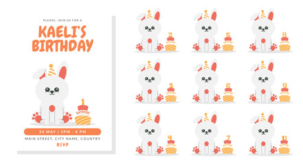Greeting and invitation for kids Birthday party. Cute rabbit in hat and cake with number in flat childrens style. Vector illustration collection, design for card, poster, event, prints