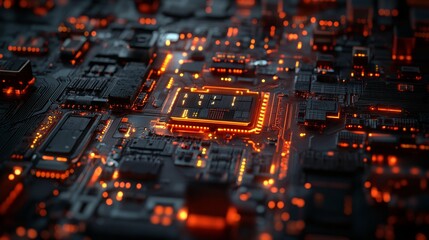 Obraz premium A close up of a computer chip with a lot of glowing lights. The image has a futuristic and technological vibe