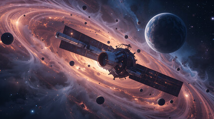 A futuristic AI-controlled satellite scans deep space for undiscovered planets tracking cosmic waves