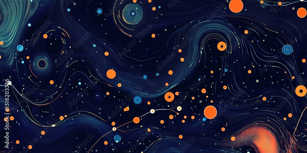 Poster explore an abstract background featuring flowing data points that visualize information in a vibrant