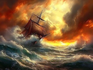 Sunset Storm Ship Ocean Waves