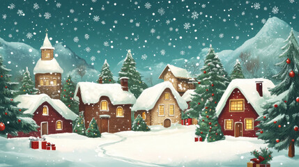 Naklejka premium Winter village scene with snow-covered houses and Christmas trees.