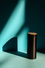 A striking minimalist black cylinder stands against a vibrant teal background, creating engaging shadow play and a modern aesthetic. Ideal for design inspiration.