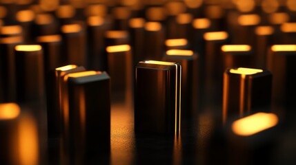 An artistic representation of glowing metallic structures, illuminated in warm light. This abstract composition creates an intriguing visual depth and modern ambiance.