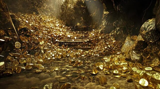 Gold nuggets scattered in a mine illuminated by natural light, Gold nuggets in a mine