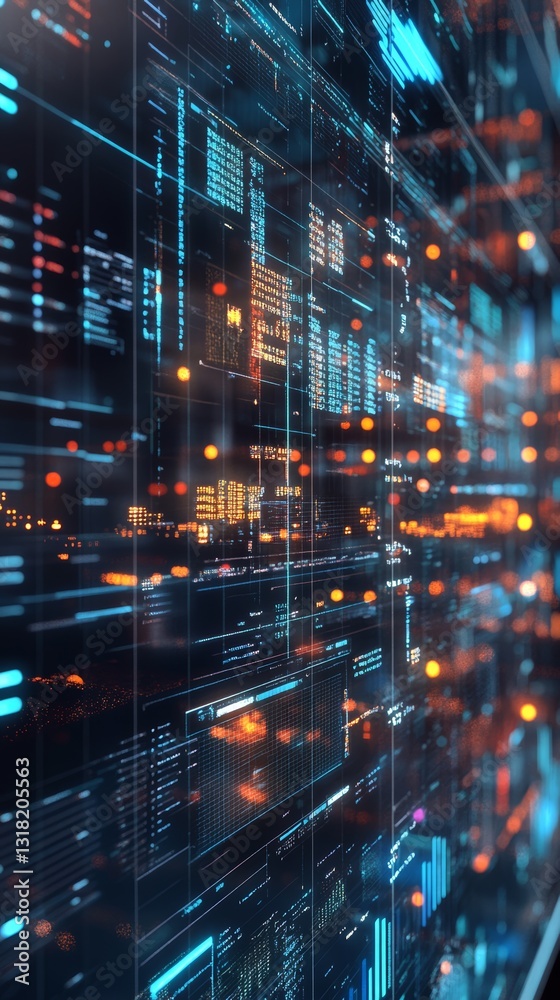 Poster explore an abstract and futuristic digital environment showcasing vibrant data visuals. this image h