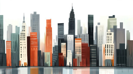 Fototapeta premium Abstract cityscape with diverse buildings and reflections