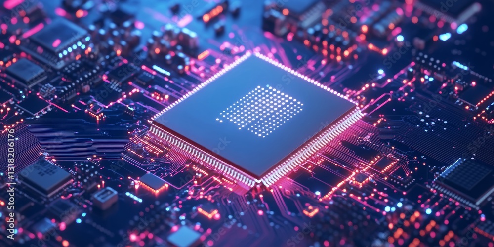 Poster close-up view of a high-tech microchip on a vibrant circuit board, showcasing intricate details and 