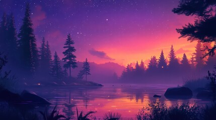 Fototapeta premium Enchanting lakeside scenery with radiant sunset and starry twilight glow