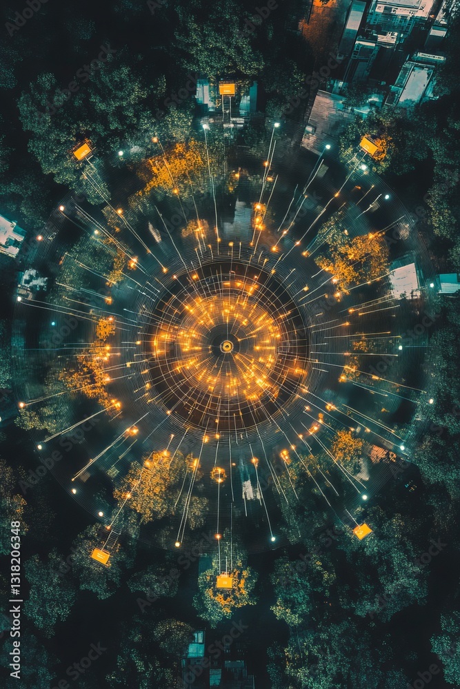 Poster aerial view showcasing a circular layout of iot nodes highlighted by radiant lights. the interconnec