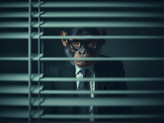 a monkey peeking through window blinds of office in soft dim light.