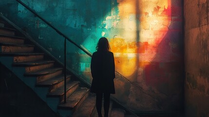A woman contemplates on a vintage staircase, bathed in colorful light and shadow.