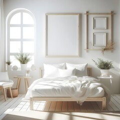 A bright and minimalist bedroom interior. modern, tranquil, and emphasizes simplicity and light. A framed blank canvas hangs above the bed, offering potential for personalization