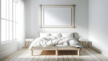 A bright and minimalist bedroom interior. modern, tranquil, and emphasizes simplicity and light. A framed blank canvas hangs above the bed, offering potential for personalization