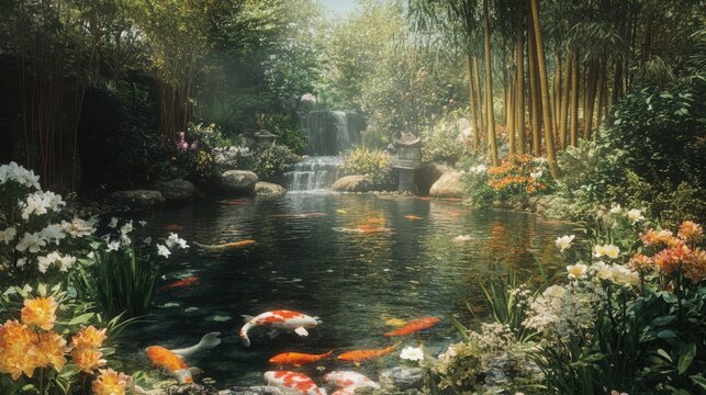 Serene koi pond with cascading waterfall and lush bamboo forest backdrop