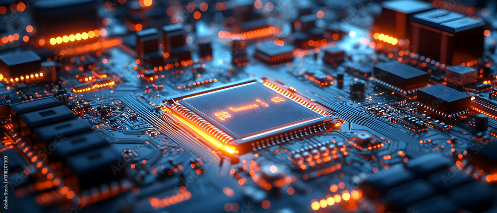 Poster glowing cpu on circuit board. tech background