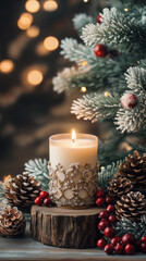 Festive Christmas candle with pinecones and berries