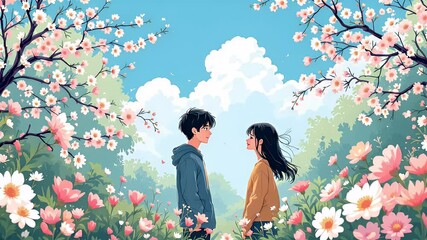 Young Couple Amidst Blossoming Cherry Trees and Flowers Pixel Art Illustration - Powered by Adobe