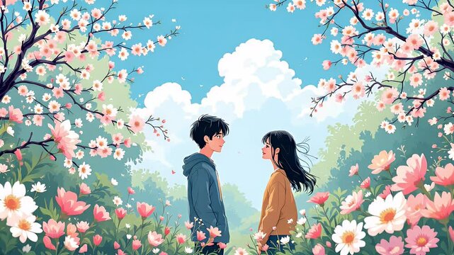 Young Couple Amidst Blossoming Cherry Trees and Flowers Pixel Art Illustration