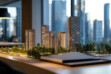 Fototapeta premium A detailed urban model showcases modern architecture within a bright workspace, highlighting buildings and greenery against a cityscape backdrop, offering creative inspiration.