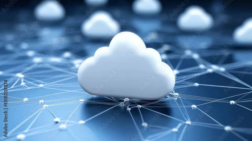Poster this image depicts a cloud computing concept, showcasing a single cloud surrounded by a network of c