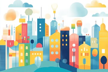 This vibrant conceptual illustration depicts a smart city filled with colorful buildings and innovative designs, showcasing modern urban living and connectivity.