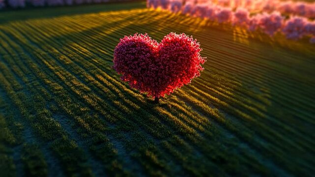 Heart-shaped tree in a field at sunset