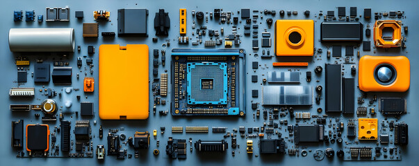 Fototapeta premium Tech components flatlay, CPU center