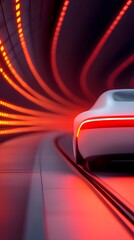 A car is driving down a long, curved road with bright lights in the background