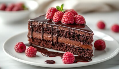 Slice of Chocolate Raspberry Cake with Chocolate Ganache Glaze on White Plate