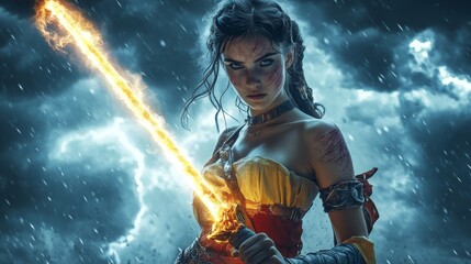 Obraz premium Fierce warrior woman wielding a glowing sword in a stormy, dramatic atmosphere