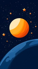 A colorful drawing of a planet with a yellow sun and stars in the background