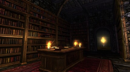 Obraz premium Literary Sanctuary: A dimly lit library with towering shelves lined with books, inviting a sense of knowledge and scholarly pursuit. The presence of a desk and candles adds to the atmosphere.