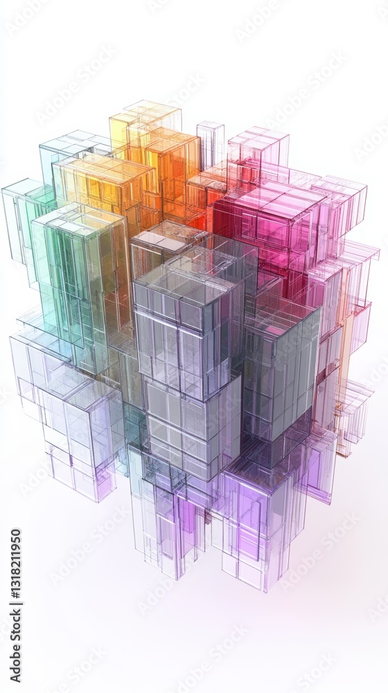 Poster this abstract image features colorful translucent cubes arranged in a dynamic composition. ideal for