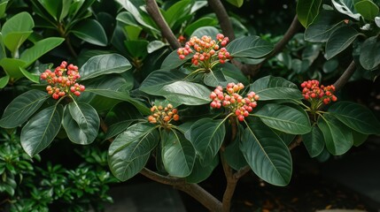 Tropical foliage featuring glossy leaves and clusters of reddish berries