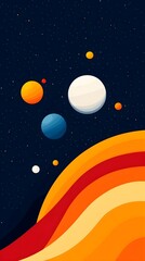 A colorful space scene with a red and orange wave in the background