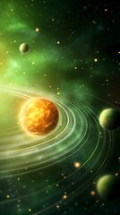 Obraz premium A green and yellow planet is surrounded by other planets in a ring