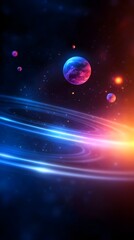 A colorful space scene with a blue planet in the center