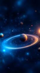 Obraz premium A blue and orange planet is surrounded by a ring of stars