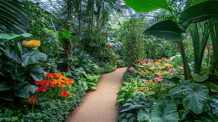 Pathway through a serene botanical garden with vibrant tropical flowers