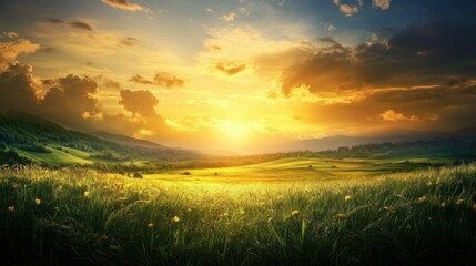 Fototapeta premium Vibrant sunset over rolling green hills and fields.