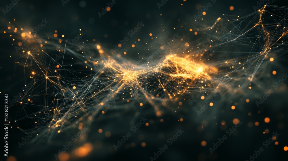 Poster this abstract image features a mesmerizing glow of golden particles and connecting lines, creating a